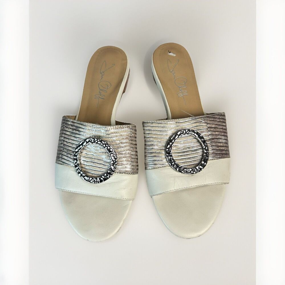 Joan Oloff Sandals Womens 8.5 Leather Slip On Slides White Silver Ring Accent